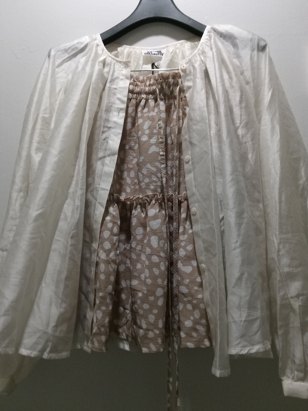 Cream Button-Front Blouse with Unlabeled Tan Polka Dot Printed Skirt